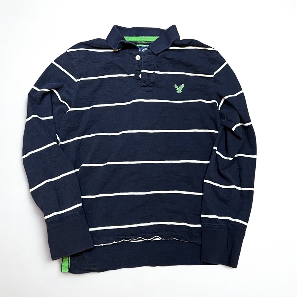 American Eagle Striped Long Sleeve Polo Navy Green Logo Y2K Preppy Men’s Large
